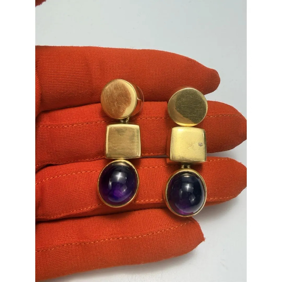 Vintage Steve Vaubel Amethyst Drop Earrings Gold Tone 1988 Modernist Design | Etsy (US)