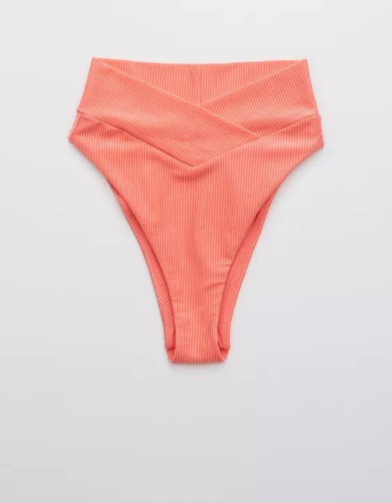 Aerie Ribbed Shine Crossover High Cut Cheeky Bikini Bottom | American Eagle Outfitters (US & CA)