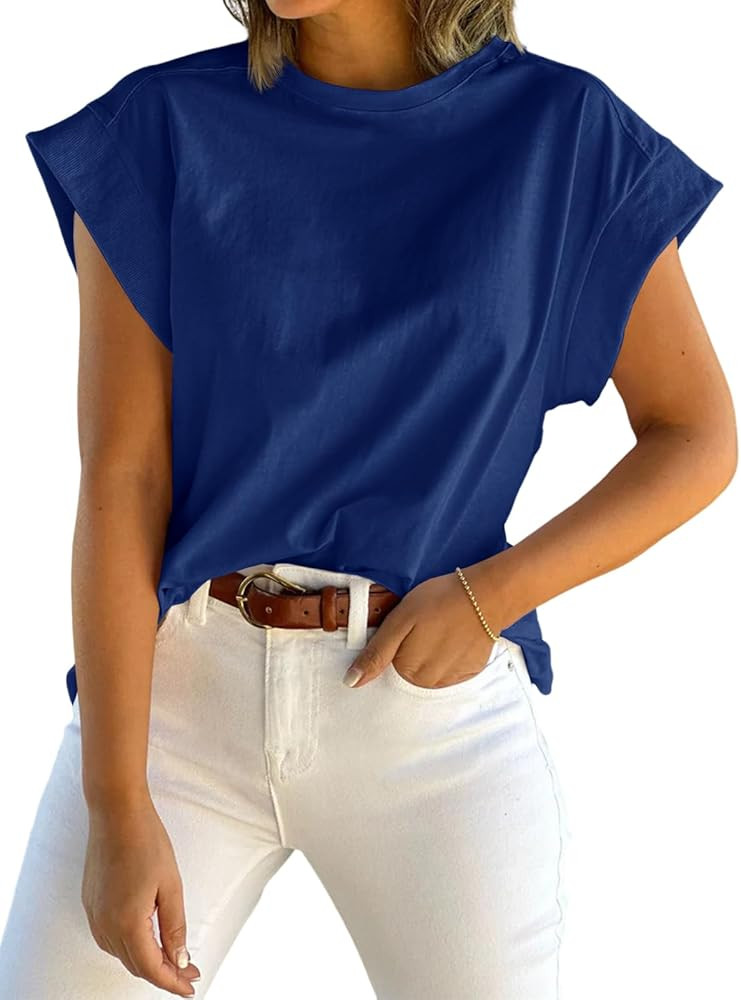 Tankaneo Womens Summer Cap Sleeve Tank Top Crew Neck Solid Casual Loose Fit Basic Tee Shirt | Amazon (US)