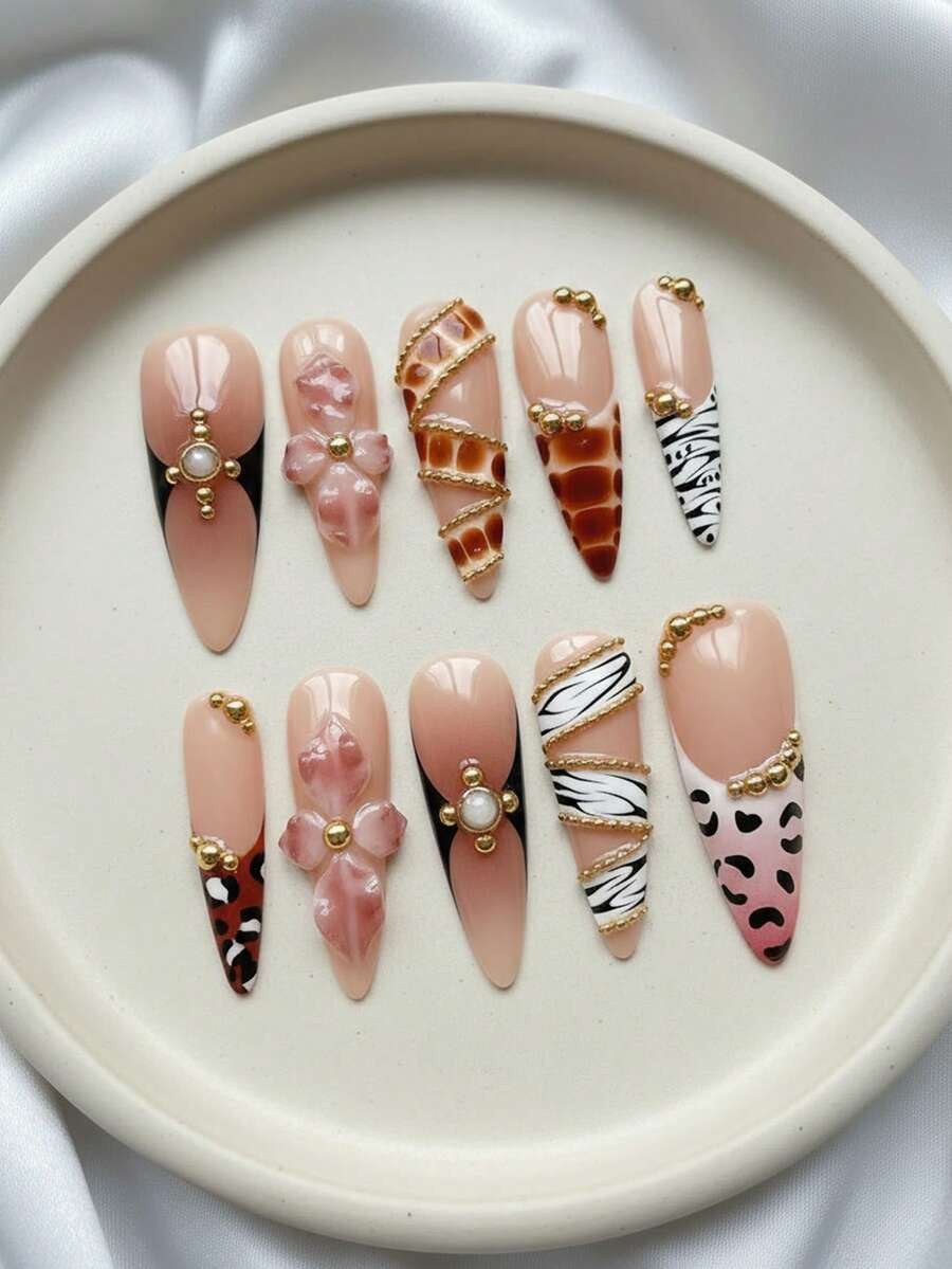 Change Your Nails! 10PCS Medium-Long Almond Handmade Press‑On Nails - Gothic Brown & Nude Gradi... | SHEIN