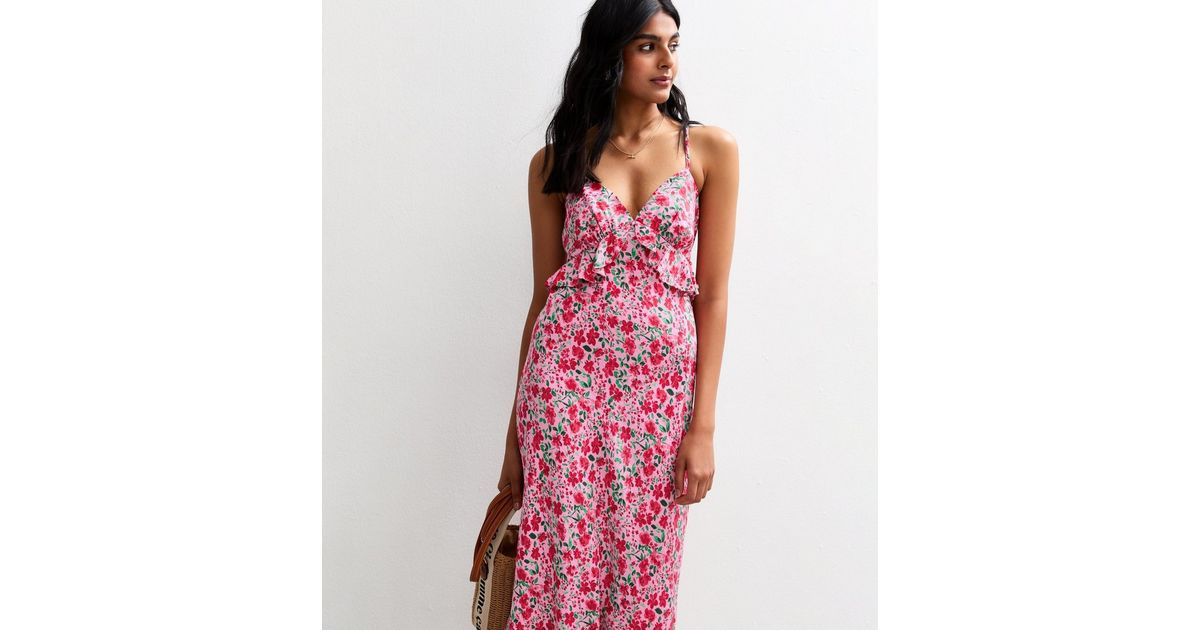Pink Floral Print Strappy Ruffle Trim Midi Dress
						
						Add to Saved Items
						Remove fro... | New Look (UK)