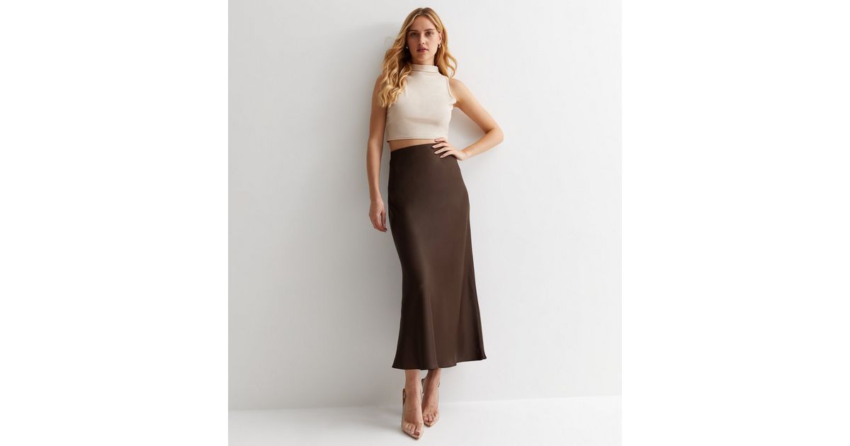 Dark Brown Satin Bias Cut Midi Skirt | New Look | New Look (UK)