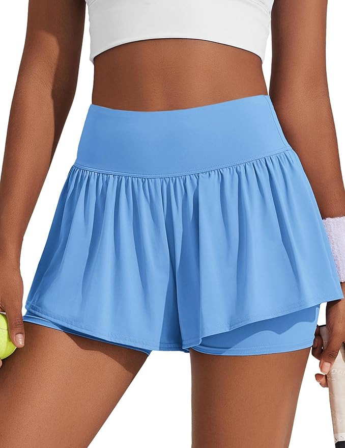 PINSPARK 2 in 1 High Waisted Running Shorts for Women Athletic Tennis Active Short Flowy Workout ... | Amazon (US)