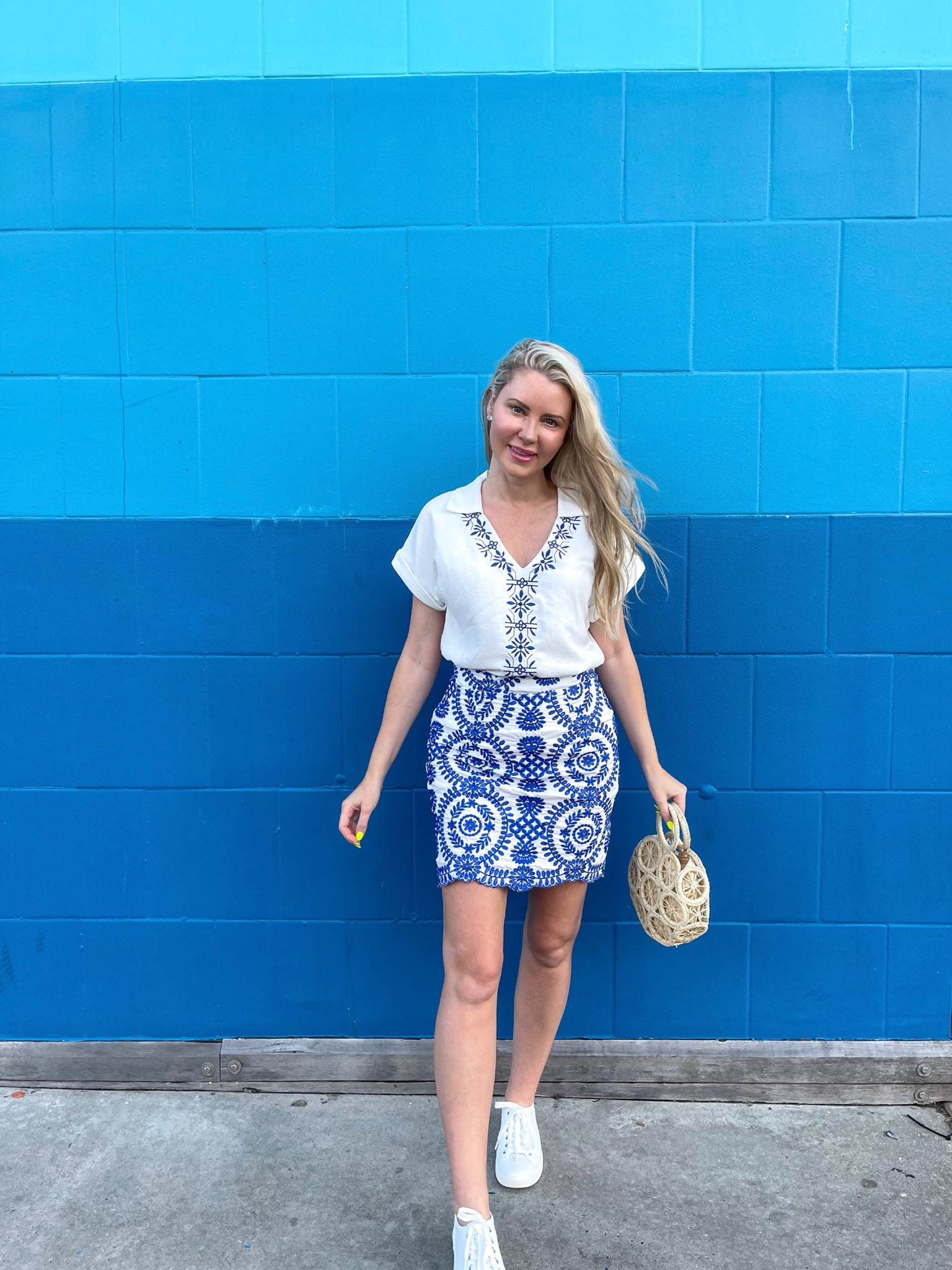 Embroidered mini skirt, embroidered white top, summer outfit, white leather sneakers 

#LTKunder50 #LTKSeasonal #LTKstyletip