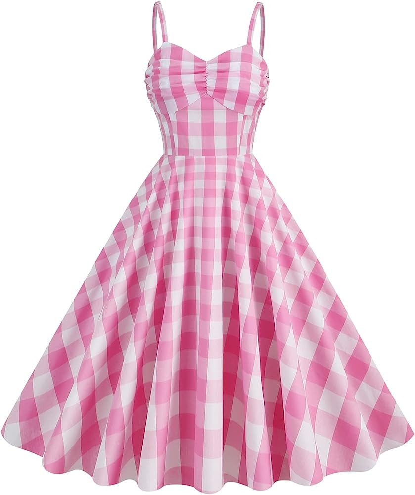 Women 1950s Pink Plaid Dress 2023 Halloween Costume Pin Up Rockabilly Dresses Cosplay Vintage Roc... | Amazon (US)