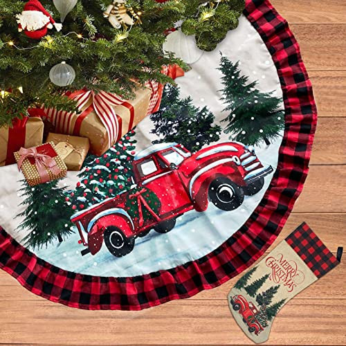 ORTIGIA 36 Inch Christmas Truck Tree Skirt Red Black Buffalo Plaid Christmas Tree Skirt Collar Ruffle Edge for Farmhouse Vintage Rustic Merry Christmas Xmas Winter Holiday Party Decoration | Amazon (US)