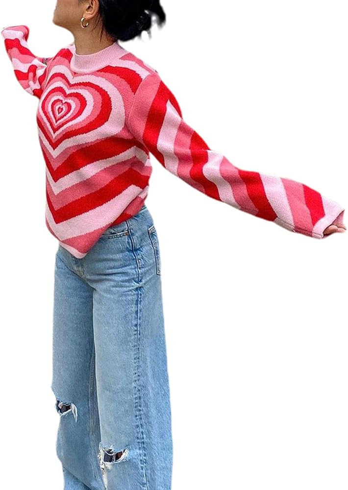 Heart Sweater, Amazon Sweaters, Geometric Pattern Knitted Pullovers Jumper Vinta... | Amazon (US)