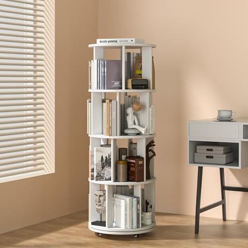 4-Tier Solid Wood Rotating Bookshelf on Wheels, 360° Spinning Book Shelf Tower, Round Revolving Bookcase Organizer, Rolling Bookshelves for Small Spaces, Corner, Bedroom, Kids Room, Office, White | Amazon (US)