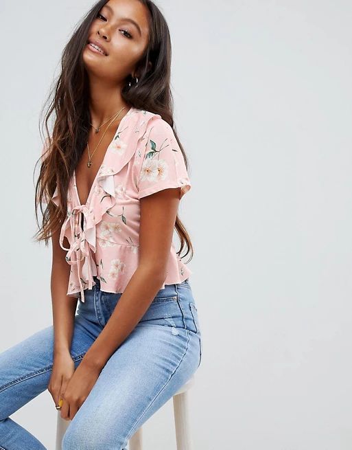 ASOS DESIGN tie front top in pink base floral print | ASOS US