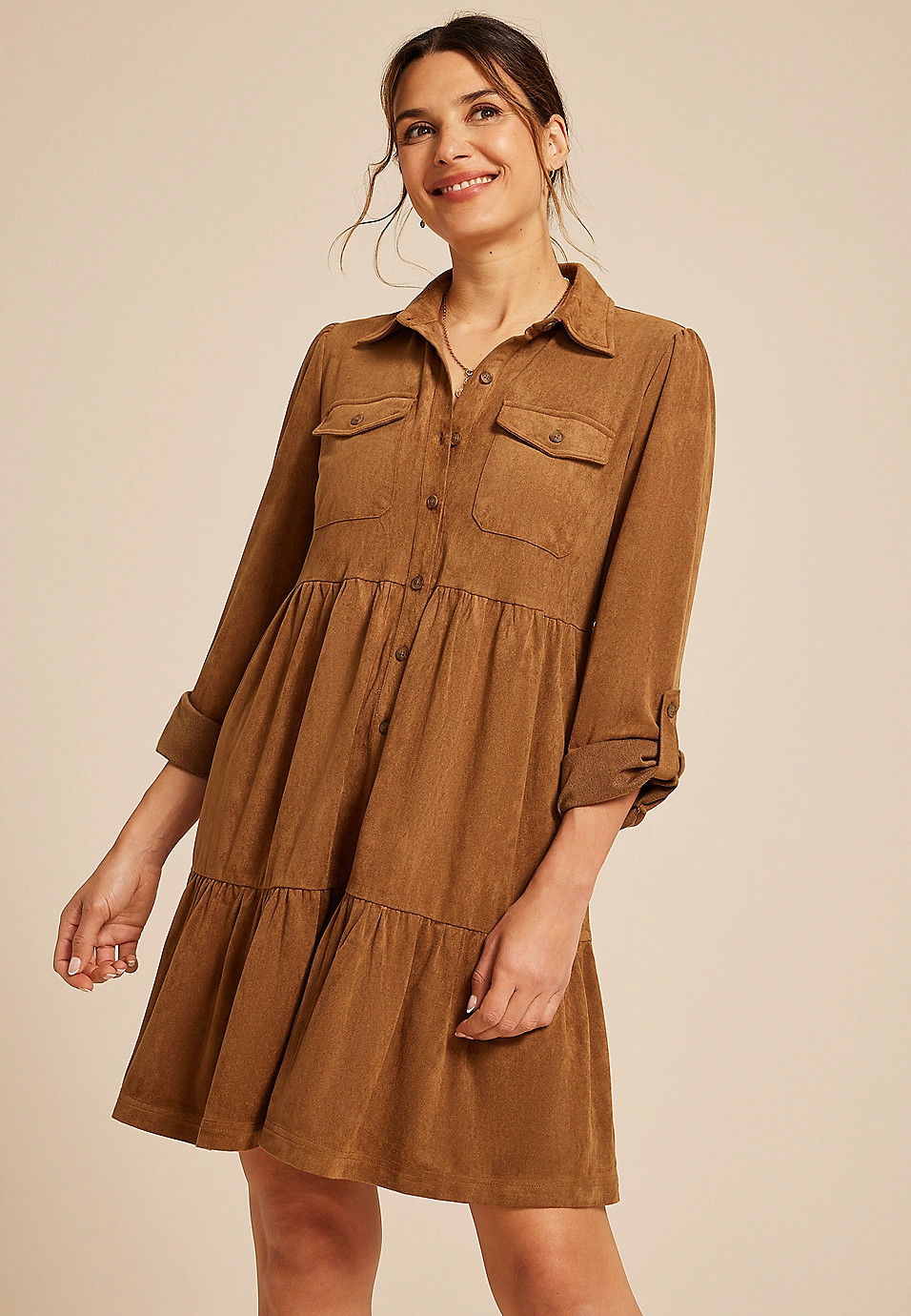 Faux Suede Button Down Babydoll Dress | Maurices
