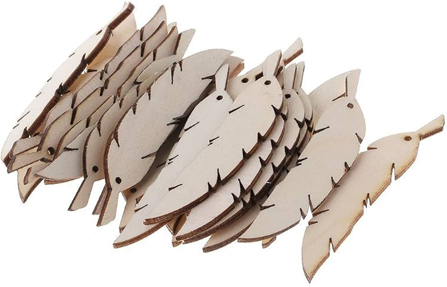 100 Pieces Feather Shape Blank Wood Slices Unfinished Blank Chip with Hole Wooden Hanging Gift Ta... | Amazon (US)
