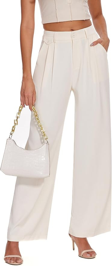 FUNYYZO Women's Loose Pleated Front Long Pants Wide Leg Trousers Solid Causal Dressy | Amazon (US)