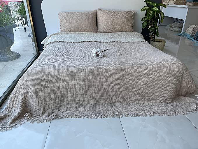 100% Cotton Muslin Throw Blanket, 4 Layers Bedspread, Soft Turkish Cotton Muslin Bed Cover, Rever... | Amazon (US)