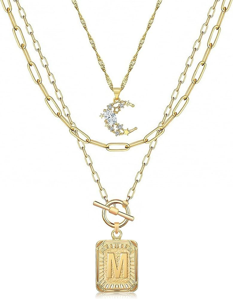 MJartoria Layered Initial Necklaces for Women Trendy, 14K Gold Plated Brass Simple Moon Choker Sq... | Amazon (US)
