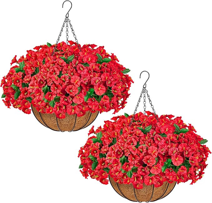 TTQ Set of 2 Artificial Hanging Flower Baskets for Outdoor Decor, 16 Bundles Faux Silk Morning Gl... | Amazon (US)