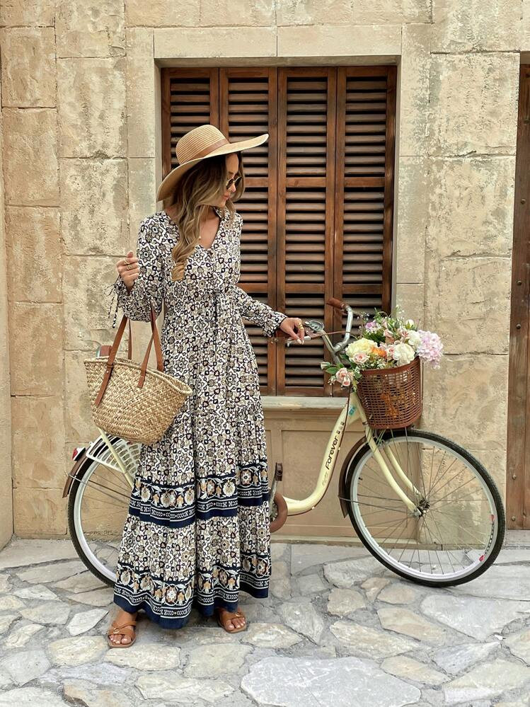 Breezaya Casual Patchwork Full Print Short Sleeve Dress Maxi Women Outfit Fall Cloth For Women | SHEIN