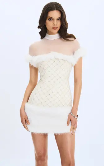 Miss Circle Taylor Faux Fur Trimmed Beaded Bouclé Mini Dress | Nordstrom | Nordstrom
