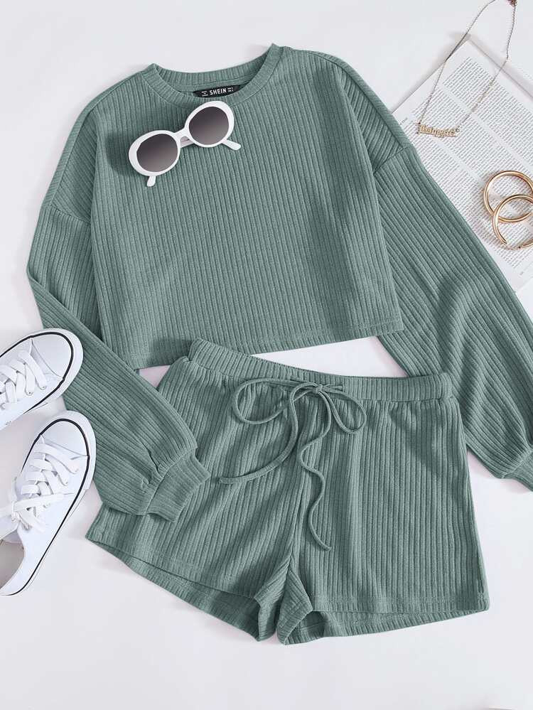 SHEIN Drop Shoulder Rib-knit Top and Drawstring Waist Shorts Set | SHEIN