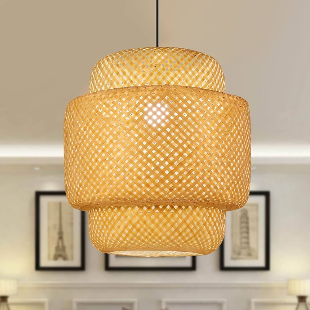 POPRHINO Rattan Pendant Light Fixture, Hand Woven Bamboo Boho Hanging Lamp for Kitchen Island, Di... | Amazon (US)