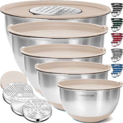Priority Chef Stainless Steel Mixing Bowls with Lids Set, 3 Grater Attachments, Airtight Lids, Non-Slip Silicone Base Mixing Bowl Set, Large Prep Metal Mixing Bowls for Kitchen, Khaki | Amazon (US)