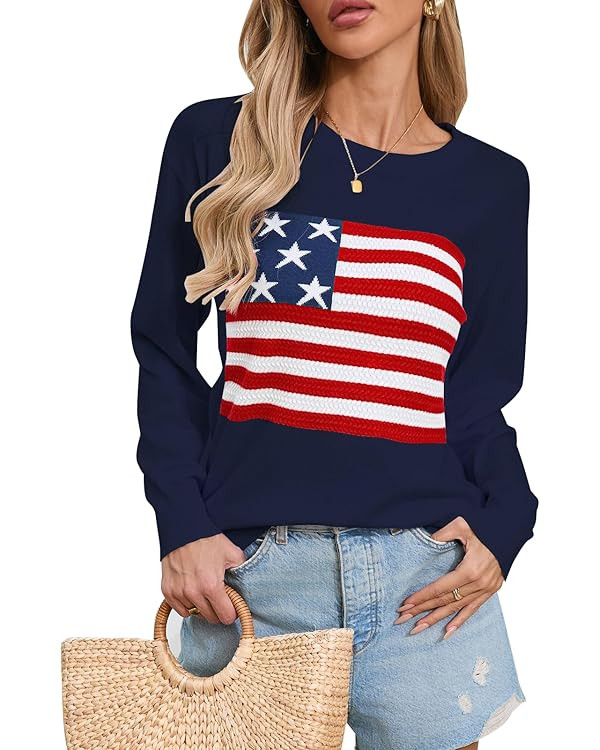 Womens American Flag Sweater, Long Sleeve Crewneck Colorblock Striped Pullover with Drop Shoulder... | Amazon (US)