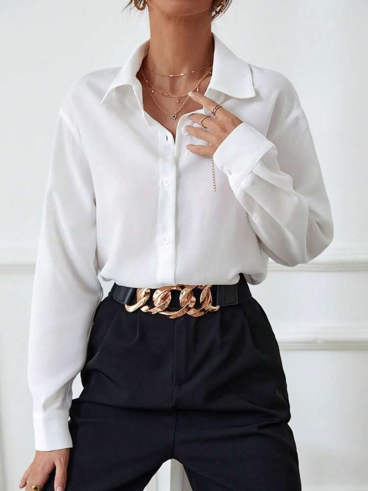 SHEIN Raffinéa Solid Button Front Shirt,Long Sleeve Tops | SHEIN