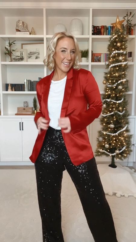 Holiday outfits from maurices. 
1. Pajama set - size medium. Super soft, stretchy, and comfortable! Currently on sale for $20.
2. Satin blazer - size medium. 40% off.
3. Sequin pants - size medium (regular length). Elastic waistband and fully lined - very comfortable! 40% off.
4. Embellished tee - size small. I love the embellished rhinestones at the collar! 40% off. 
5. Lace cami - size medium. (Only available in purple now).
6. Silver heels - tts & good cushion.
7. Earrings- on sale $10. 

@maurices
#mauricespartner
#discovermaurices 
#maurices 

#LTKSeasonal #LTKsalealert #LTKHoliday