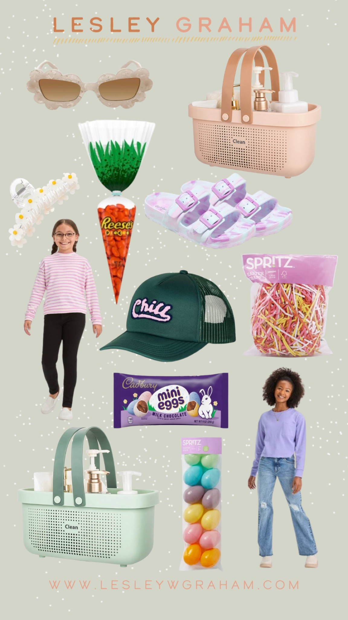 Tween/Teen Girl Easter basket. Spring sweaters. Easter basket supplies. Shower caddy for Easter basket. Trucker hat. Easter candy. Claw clips. Cute sunglasses. Teen swimwear. 

#LTKkids #LTKSeasonal #LTKfamily