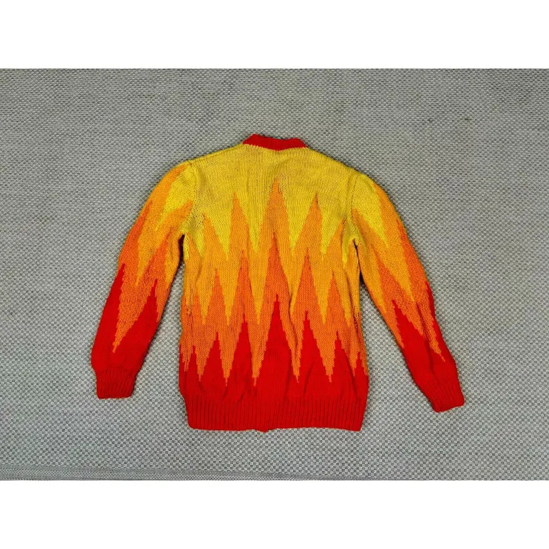 Vintage Acrylic Wool Handmade Knit Cardigan Sweater Yellow Orange Flame Design - Etsy | Etsy (US)