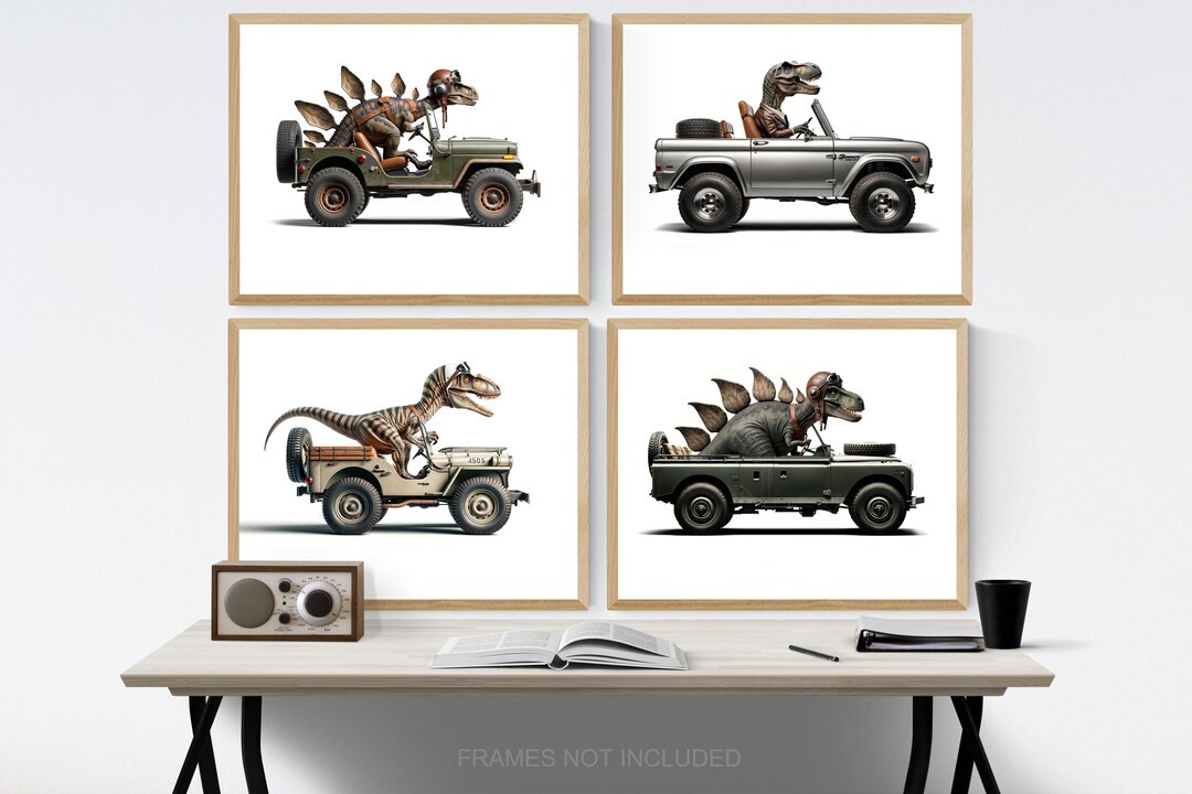 Set of Four Dinos Driving 4x4s, Photo Prints, Dino Nursery Decor, Dinosaurs in Cars Wall Art, Jee... | Etsy (US)