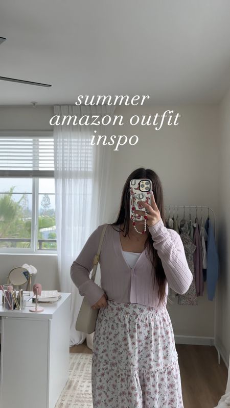 summer amazon outfit inspo ✨ everything minus the lavender cardigan (that’s an old sara find) 

amazon ootd, amazon finds. amazon fashion find, maxi skirt, summer outfit, pastel outfit, girly fashion, girly summer outfit, casual summer outfit, summer bbq outfit, farmers market outfit 

