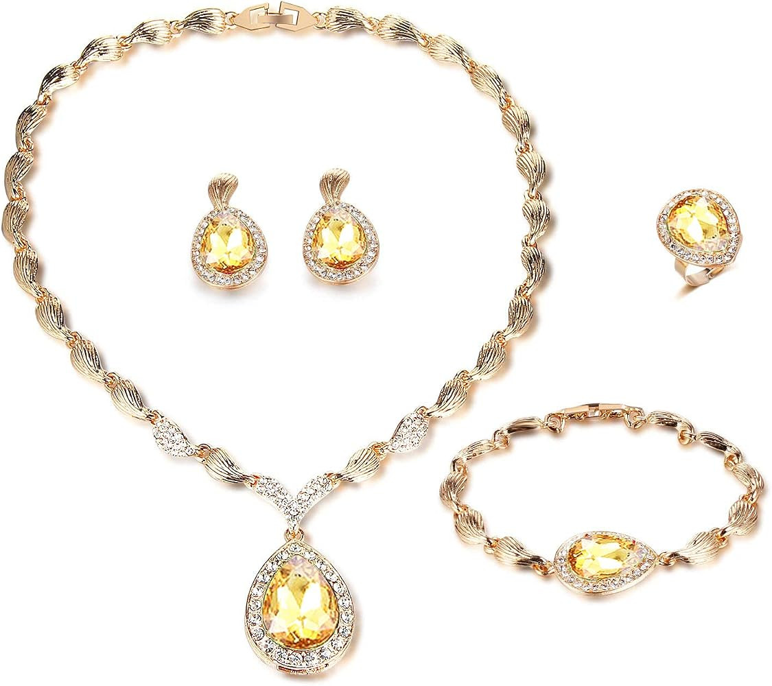 FUNOJOY Womens Luxury Africa Dubai 18k Gold Plated Jewelry Sets Wedding Rhinestone Crystal Bib St... | Amazon (US)