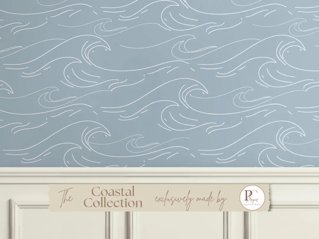 Coastal Wave Wallpaper Peel & Stick Blue Ocean Wall Mural Modern Nautical Wallpaper For Beach Hou... | Etsy (US)