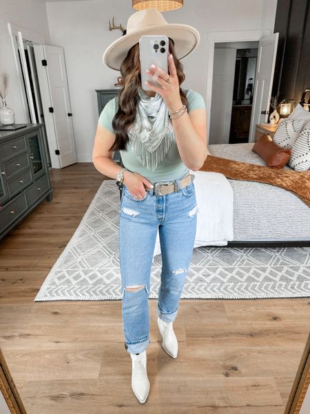 Bodysuit — small
Jeans — 26 
Belt — small

western outfit | western style | western booties | Levi’s jeans | country concert outfit | casual western outfit | Nashville outfit ideas | satin rhinestone fringe bandana | sage green bodysuit 

#LTKfindsunder50 #LTKfindsunder100 #LTKshoecrush