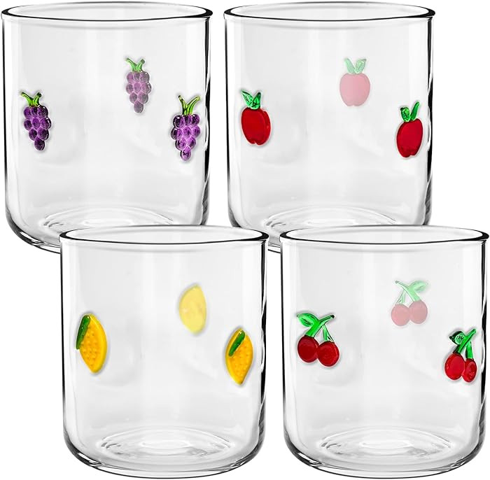 4 Pcs Fruit Icon Juice Glasses Set, 14oz Cherry Lemon Apple Grape Anthropologie Glass Cup Icon St... | Amazon (US)