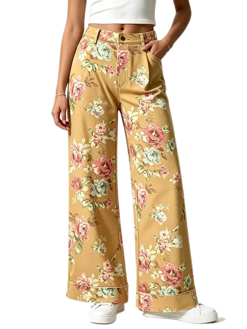 Floral Print Women Long Jeans Wide Leg Casual Denim Pants | Walmart (US)