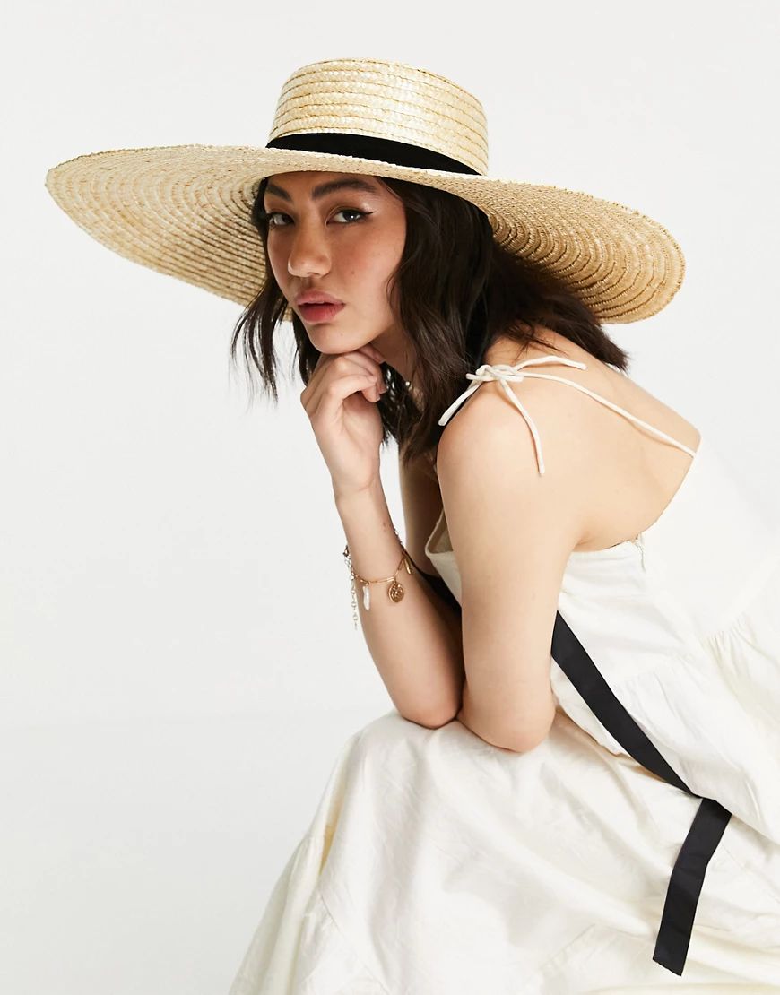 ASOS DESIGN oversized natural straw boater with undertie and size adjuster in natural-Brown | ASOS (Global)