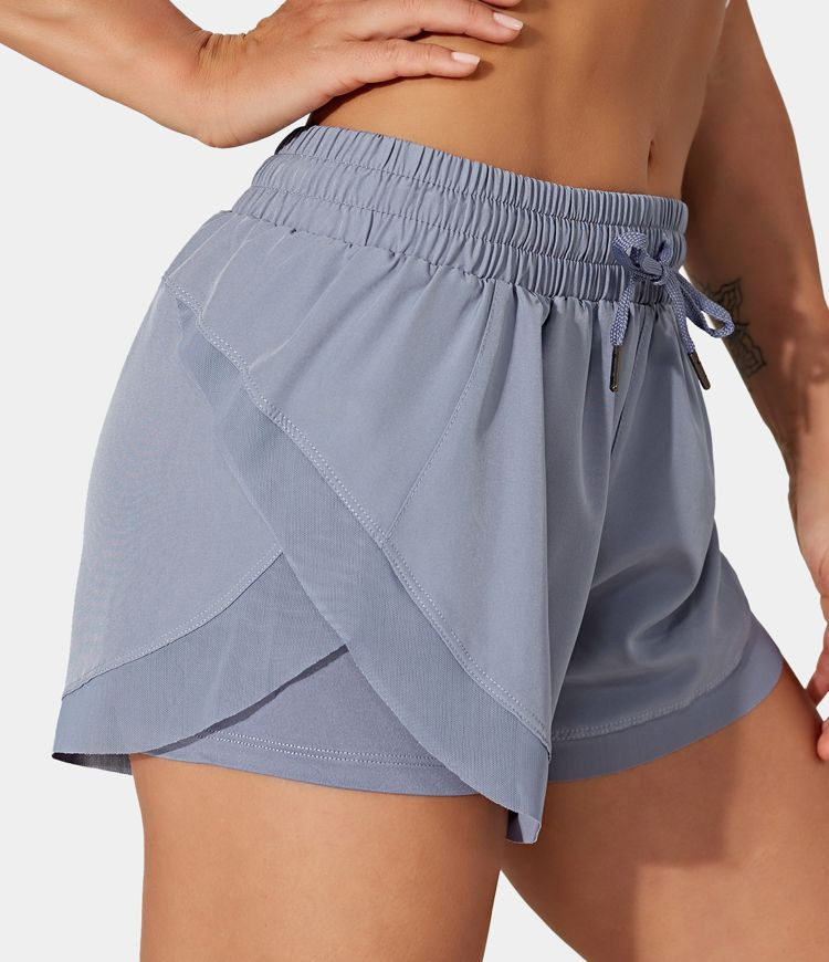 Drawstring Contrast Flowy Mesh 2-in-1 Shorts | HALARA