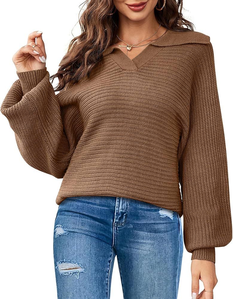 WEESO Womens Oversized Sweaters Lapel Collar V Neck Batwing Long Sleeve Pullover Knitted Tops Fall F | Amazon (US)