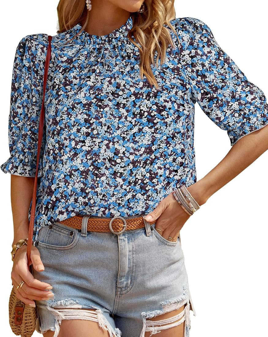 BTFBM Women's Summer Boho Shirt Top Ruffle Short Sleeve Frill Trim Mock Neck Floral Solid 2023 Casua | Amazon (US)