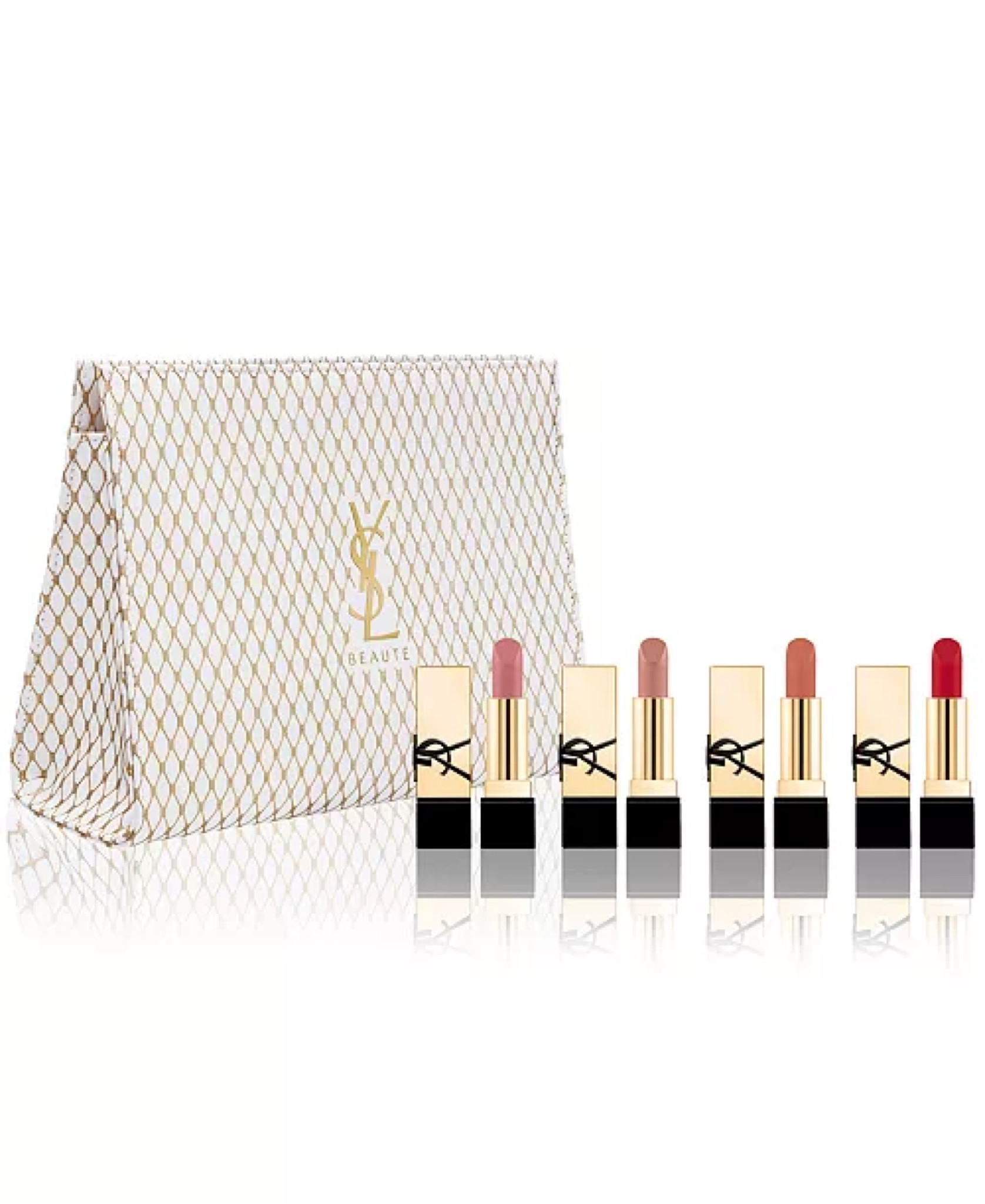 Four best-selling shades of Rouge Pur Couture Satin Lipstick encased in a beautiful holiday pouch. These lightweight satin lipsticks are formulated with ceramides and flower extracts for softer, more moisturized-feeling lips.

SET INCLUDES:
Rouge Pur Couture Mini Lipsticks and Limited-Edition Holiday Pouch
WHAT IT IS:
A luxurious lipstick formula made in France
WHAT IT DOES:
Adds buildable color with a smooth glide and a creamy, hydrating feel

#LTKBeauty #LTKFallSale #LTKFindsUnder50