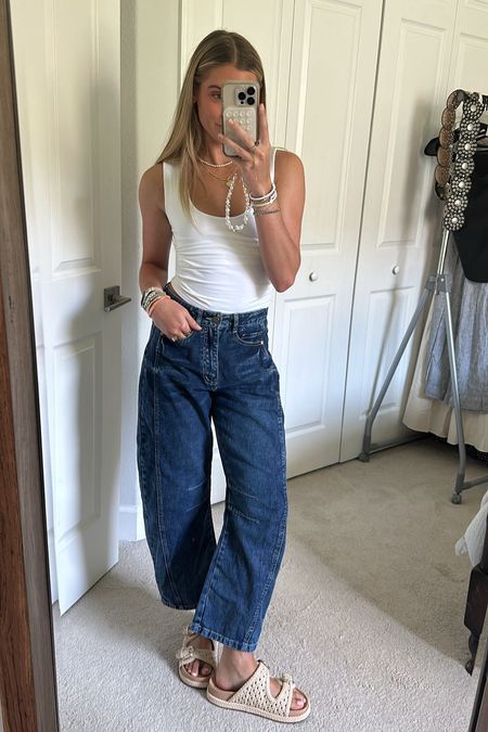 Casual outfit. Free people white tank and barrel jeans. My favorite sandal for summer. Women's Baggy Boyfriend Jeans Mid Rise Barrel Jeans Wide Leg Loose Y2k Cropped Denim Pants with Pockets. #outfit #fashion #style #ootd #ootn #outfitoftheday #fashionstyle  #outfitinspiration #outfitinspo #tryon #tryonhaul#lookbook #outfitideas #currentlywearing #styleinspo #outfitinspiration outfit, outfit of the day, outfit inspo, outfit ideas, styling, try on, fashion, affordable fashion. 

#LTKShoeCrush #LTKFindsUnder50 #LTKStyleTip