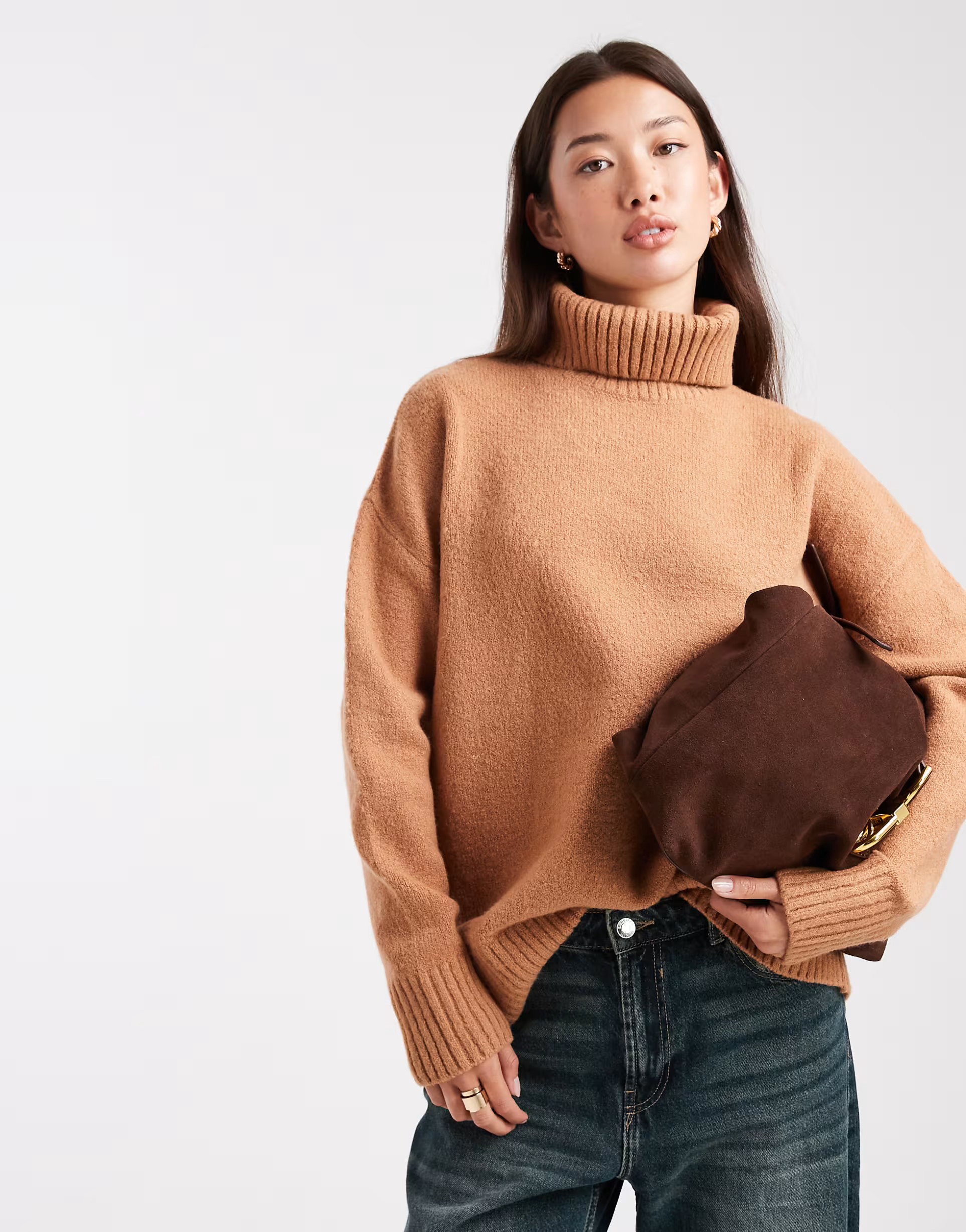 Miss Selfridge oversized turtle neck slit hem sweater in camel | ASOS (Global)