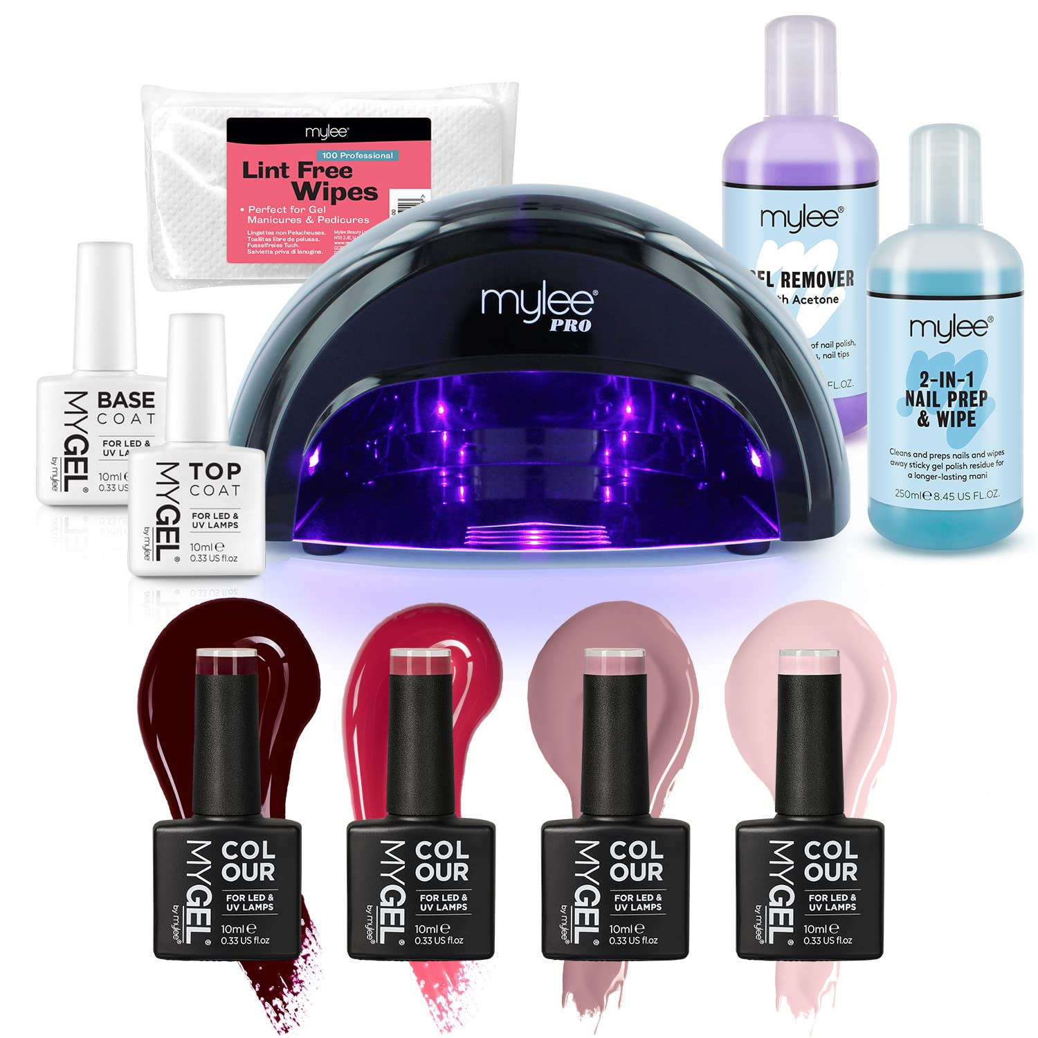 Mylee Complete Professional Gel Nail Polish LED Lamp Kit, 4x MYGEL Colours, Top & Base Coat, Myle... | Amazon (UK)