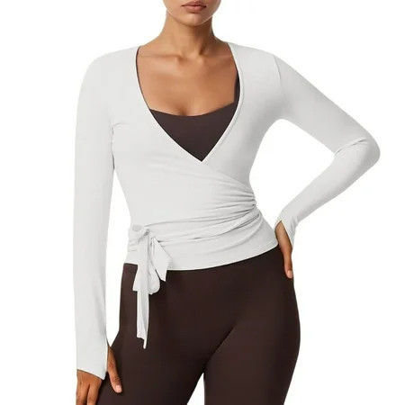 Aihuaihua Women s Wrap Top Long Sleeve Cross Wrap Tie Ballet Tops V Neck Solid Slim Fit Pilates Yoga Workout T Shirts White M | Walmart (US)