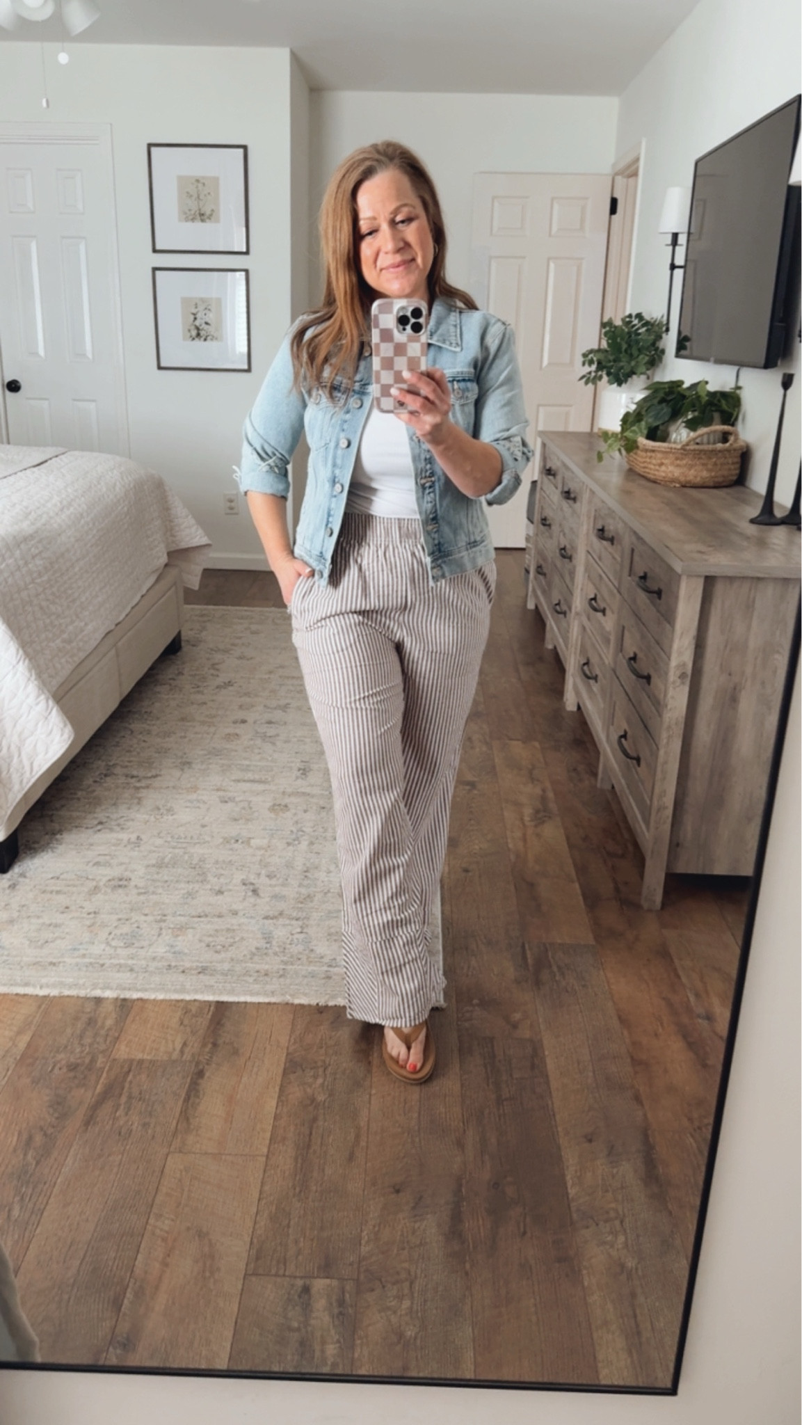 Spring/summer outfit inspo
V neck tank
Ticking stripe wide leg pants 
Sandals 
Denim jacket 

#LTKmomlife #LTKSeasonal #LTKPetite