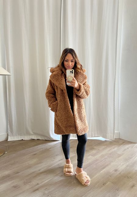 Teddy mix coat 
Fashion finds 
Fuzzy slippers
Cozy slippers 

#LTKstyletip