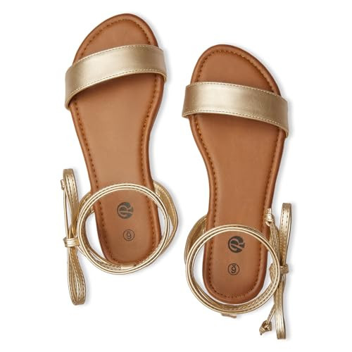 Rekayla Gold Sandals Open Toe Tie Up Ankle Wrap Flat Sandals for Women Summer Dressy Shoes Cute Strappy Lace Up Sandals Size 8.5 | Amazon (US)
