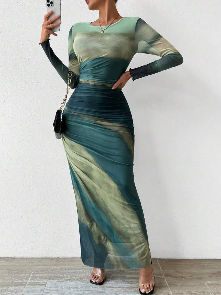 Allurite Women's Tie-Dye Pleated Dress Maxi Women Outfit | SHEIN