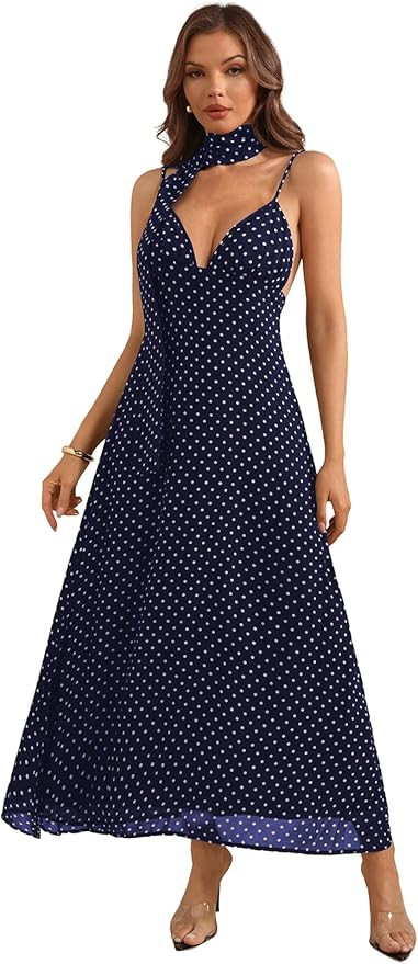 Women's Polka Dots Tie Backless Dress Deep V Neck Spaghetti Strap Maxi Dresses with Scarf | Amazon (US)